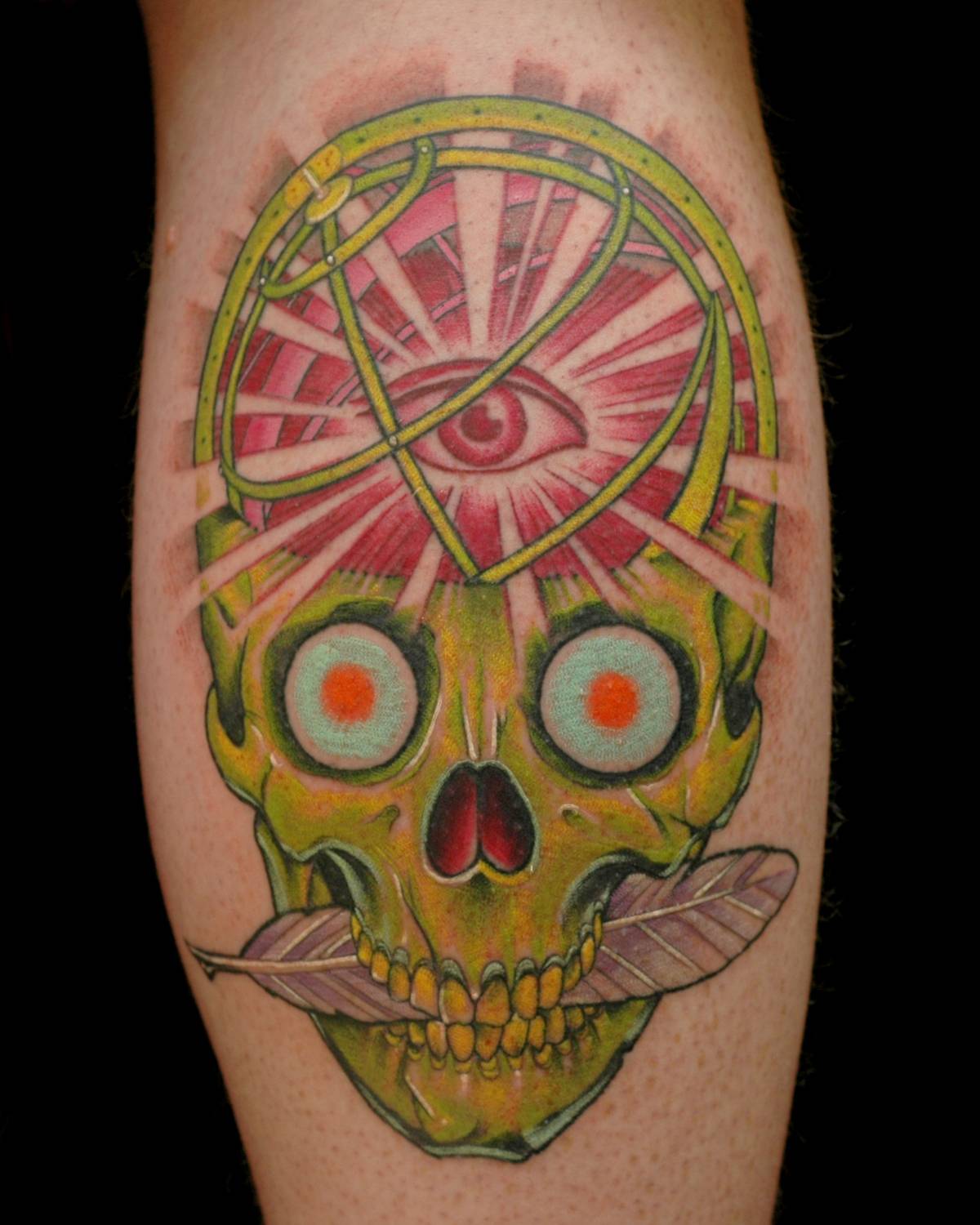 Green Skull And Feather Science Tattoo