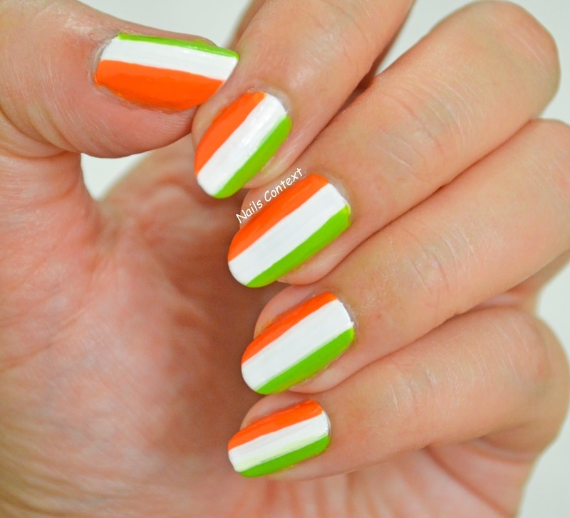 Green White And Orange Stripes Indian Flag Nail Art