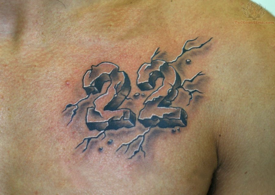 Grey 3D Twenty Two Number Tattoo On Collarbone