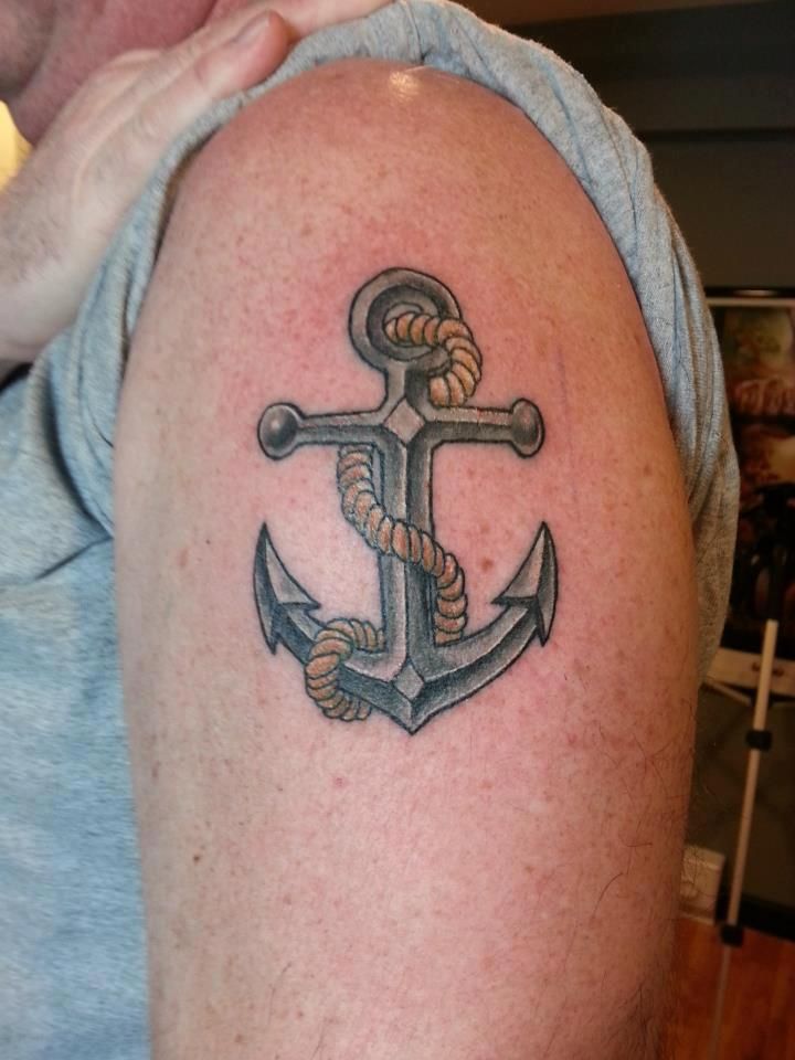 Grey Anchor Navy Tattoo On Left Shoulder