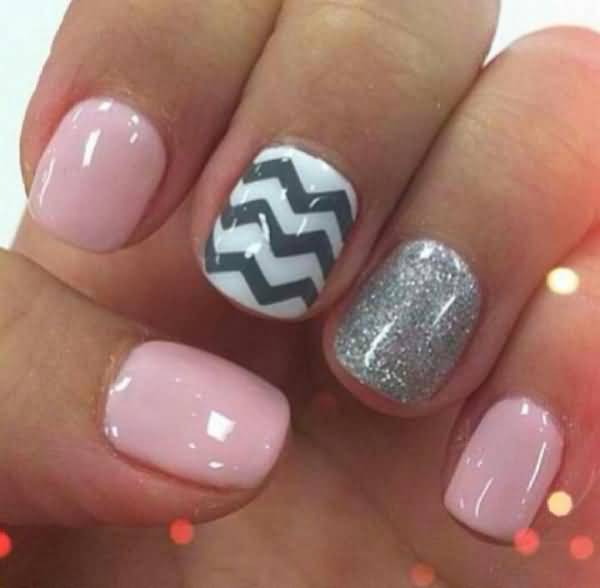 Grey And White Chevron And Baby Pink Nail Art For Short Nails