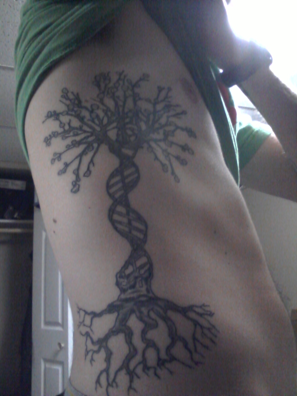 Grey DNA Biology Science Tattoo On Side Rib