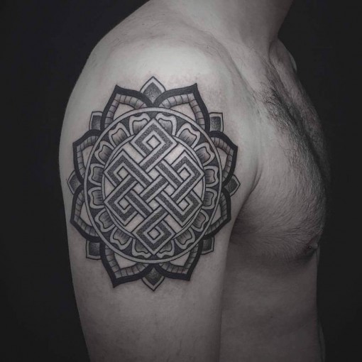 Grey Endless Knot Mandala Flower Tattoo On Right Shoulder
