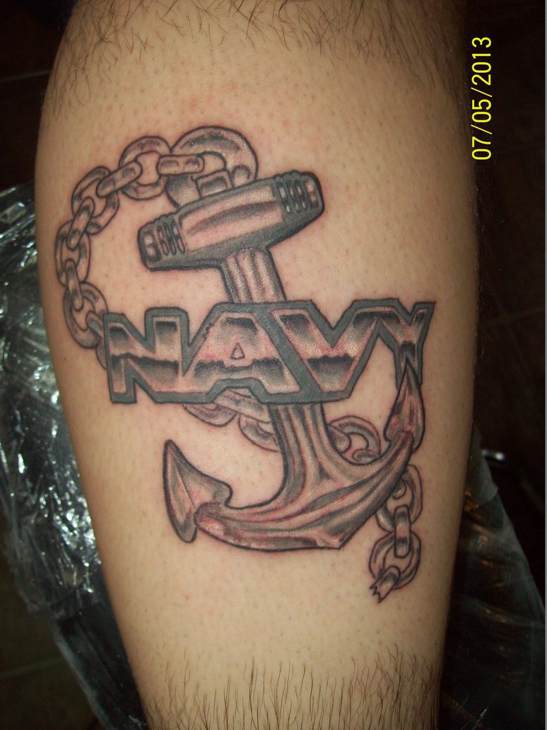 Grey Ink Anchor With Navy Tattoo
