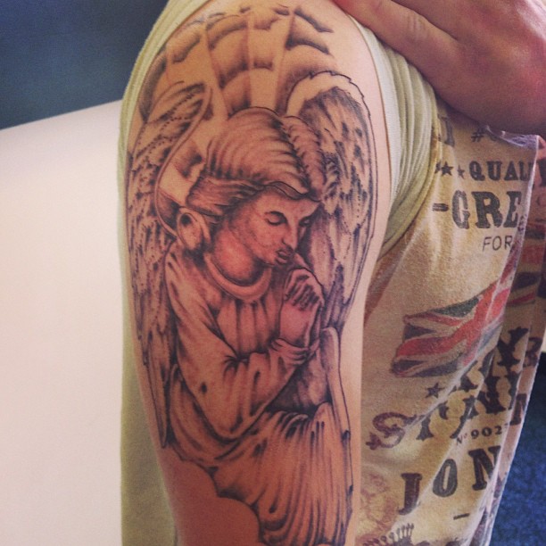 Grey Ink Angel Girl Praying Tattoo On Half Sleeve
