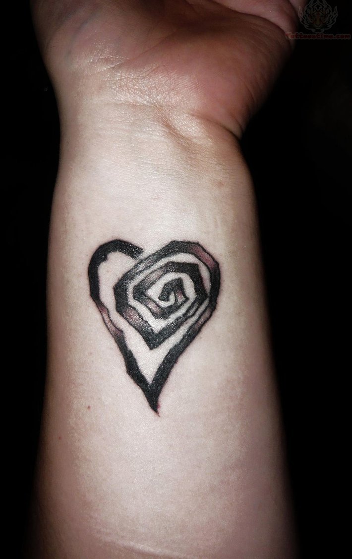 Grey Ink Heart Spiral Tattoo On Wrist