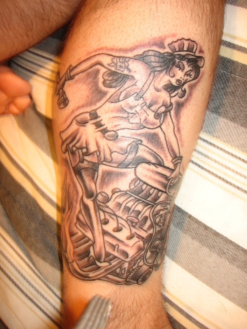 Grey Ink Mechanic Pin Up Girl Tattoo On Leg