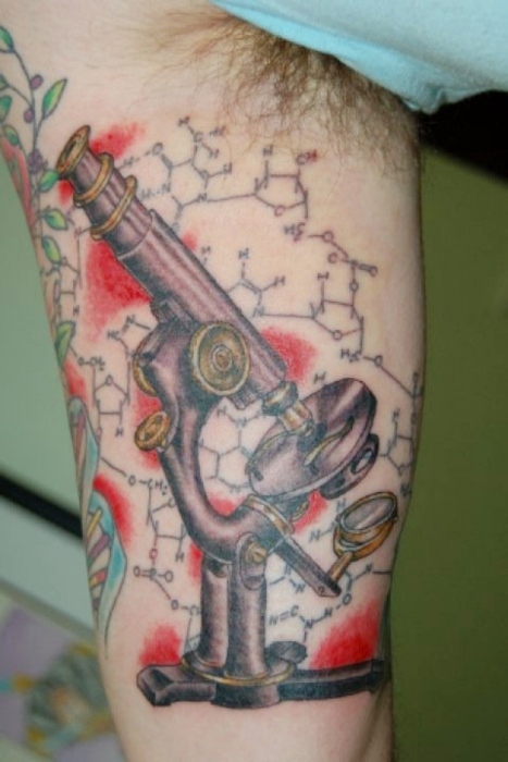Grey Ink Microscope Science Tattoo On Biceps