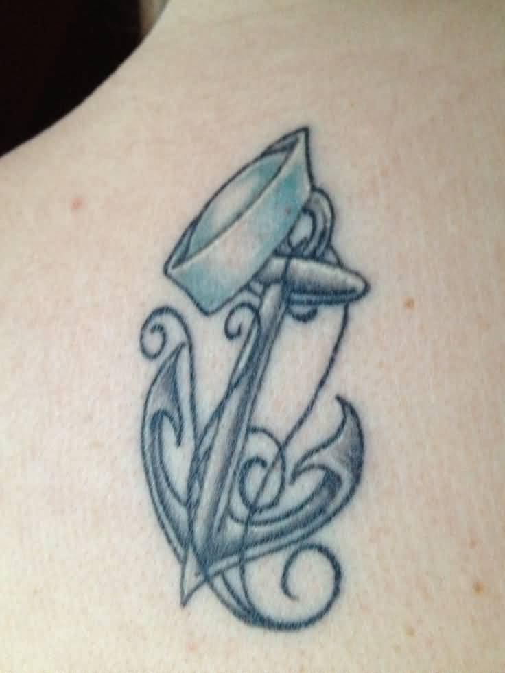 Grey Ink Navy Anchor Tattoo On Upper Back