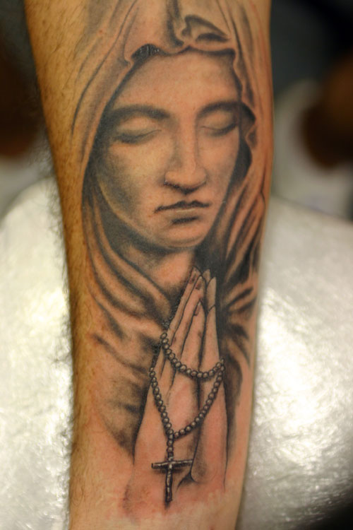 Grey Ink Praying Angel Tattoo On Sleeve