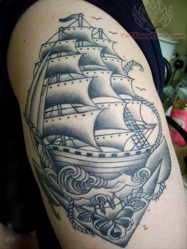 Grey Ink Ship Navy Tattoo On Right Half Sleeve