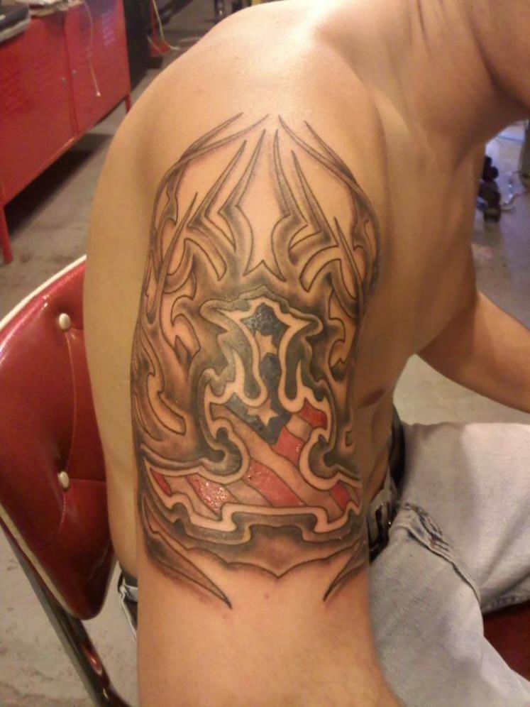 Grey Ink Tribal Navy Tattoo On Right Shoulder
