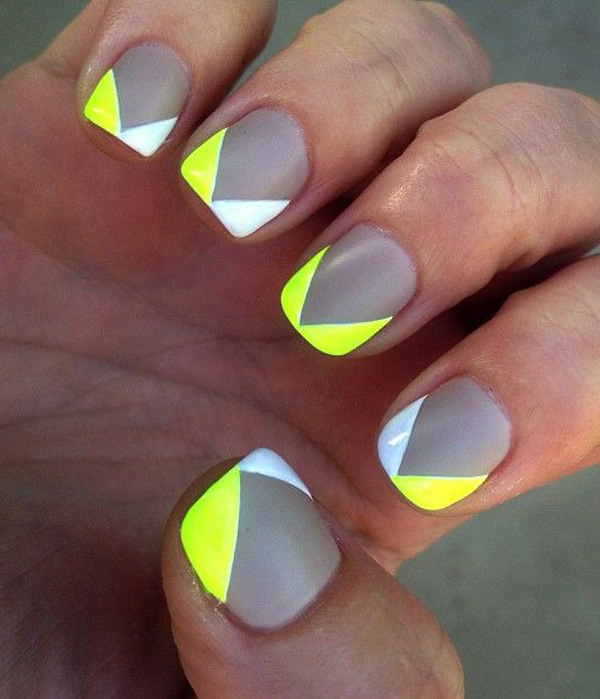 Grey Nails With Neon Yellow And White Chevron Tip Design Nail Art