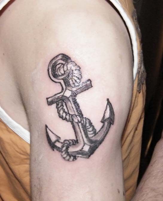 Grey Navy Anchor Tattoo On Left Shoulder