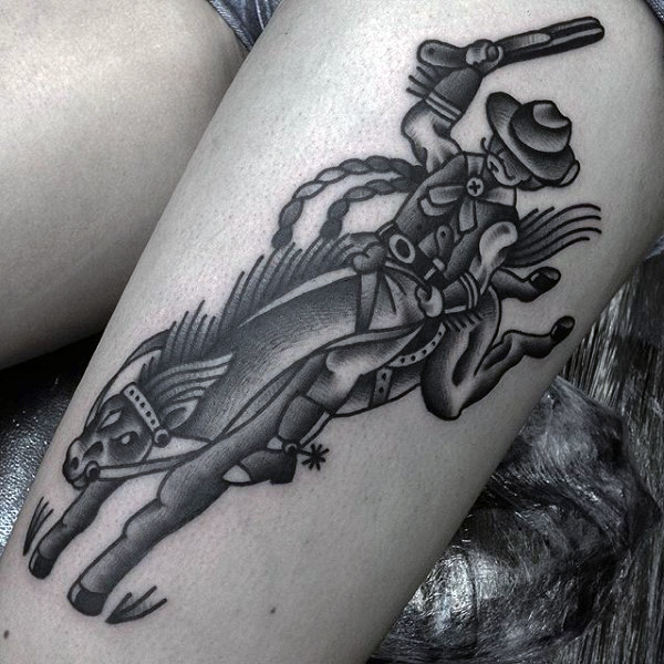Grey Western Traditional Cowboy Riding Horse Tattoo On Thigh