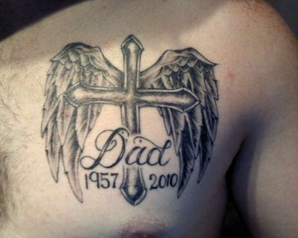 Grey Winged Cross Dad Memorial Tattoo On Chest