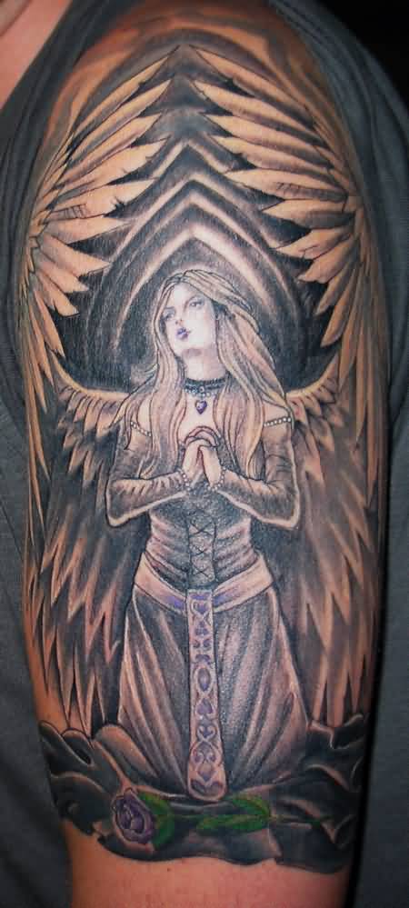 Guardian Praying Angel Tattoo On Left Half Sleeve