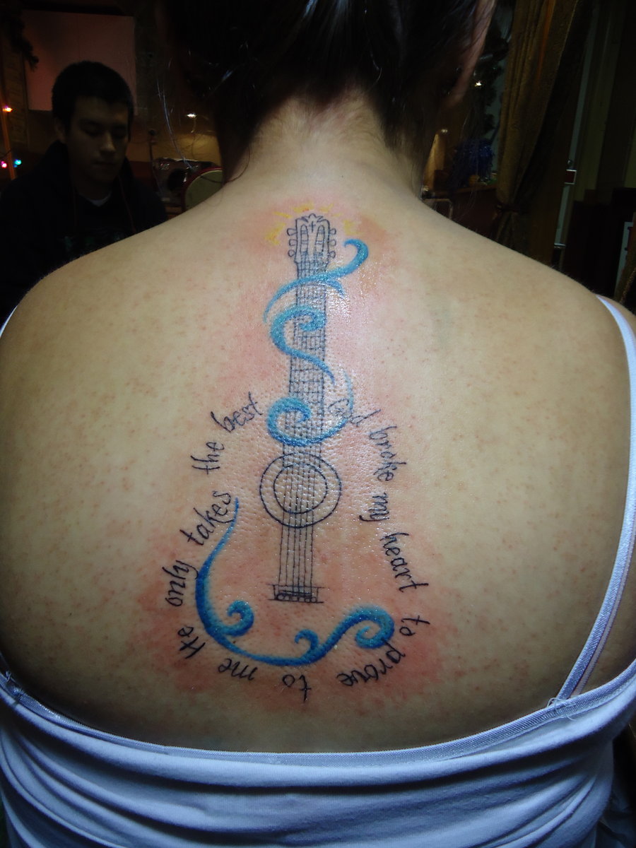 Guitar Remembrance Tattoo On Upper back By Groveblonde