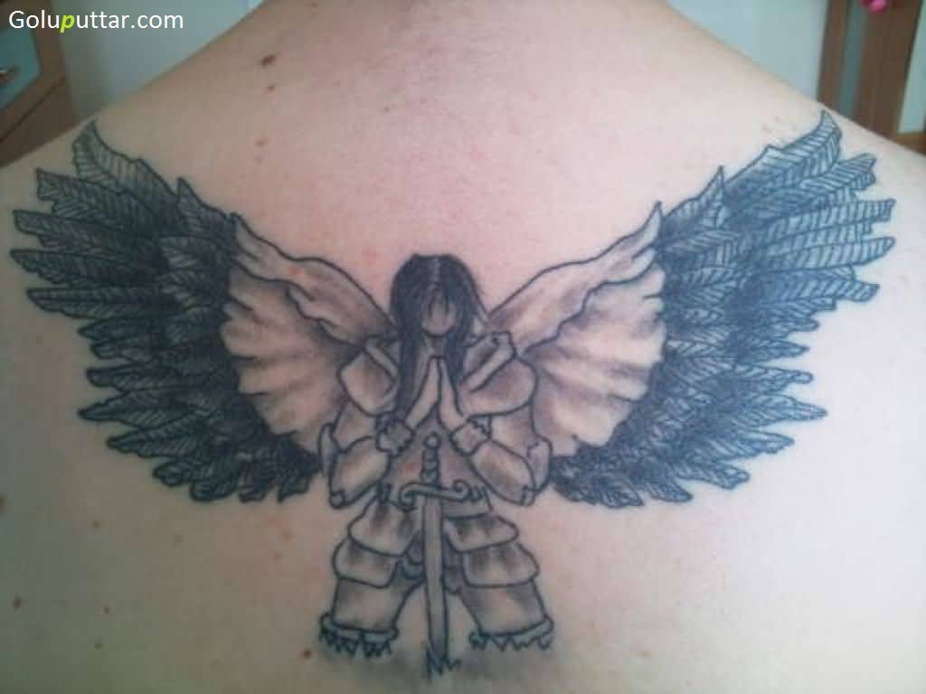 Guardian Praying Angel Tattoo On Upper Back