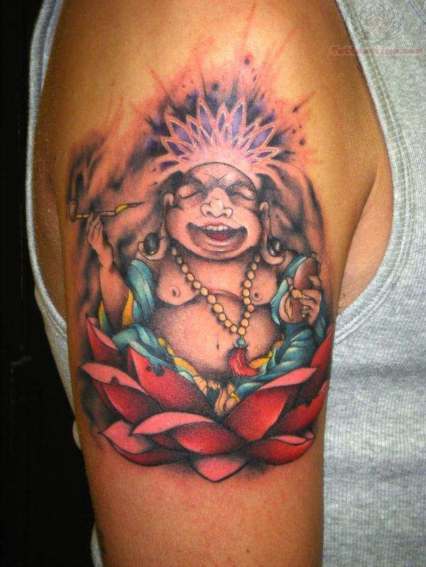 Happy Buddha Western Tattoo On Right Shoulder