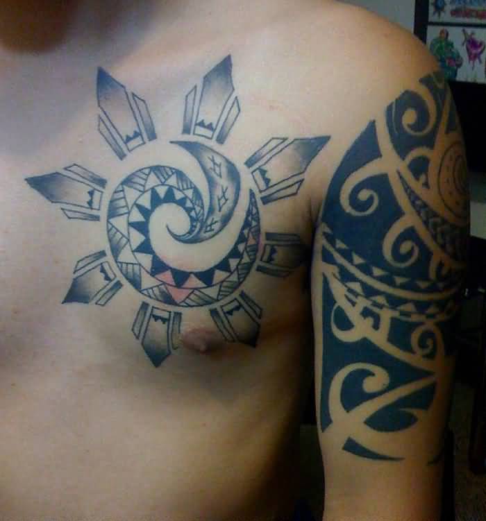Hawaiian Spiral Sun Tattoo On Chest