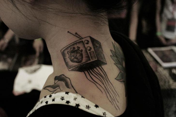 Heart Television Tattoo On Side Neck