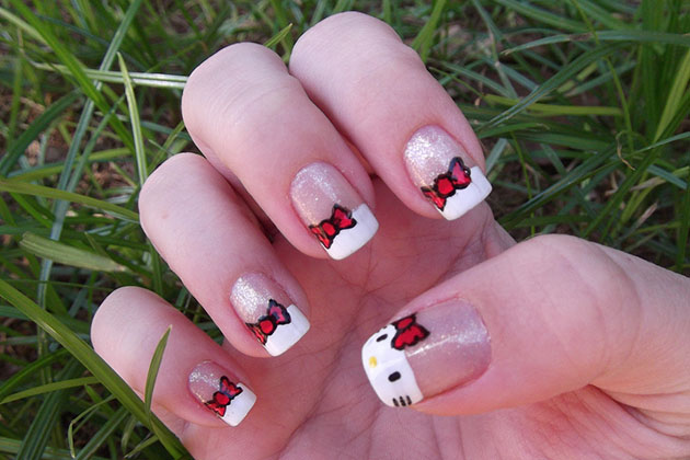 Hello Kitty And Red Bow Short Nail Art