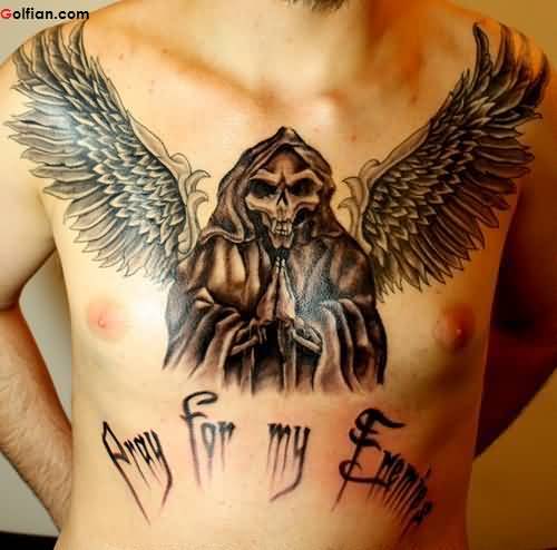 Horrible Praying Angel Skeleton Tattoo On Chest By Expert