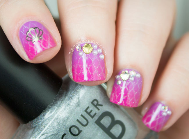 Hot Pink And Purple Gradient Nail Art With Pearls And Crown Design