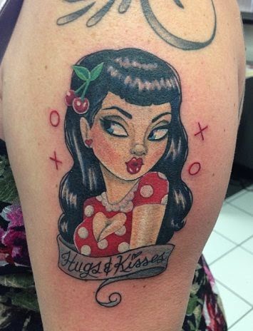 Hugs And Kisses Pin Up Girl Tattoo On Left Shoulder