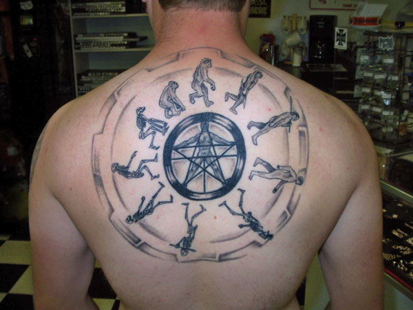 Human Science Circle Tattoo On Upper Back