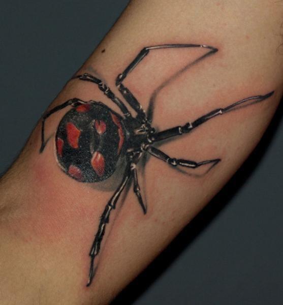 Impressive 3D Black Widow Tattoo On Arm