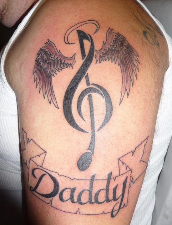 Impressive Dad Music Remembrance Tattoo On Left Half Sleeve