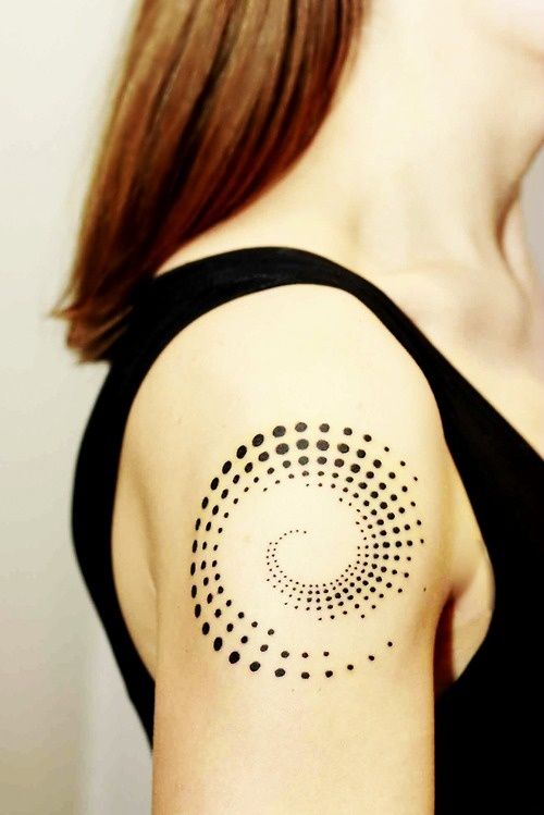 Impressive Dot Spiral Tattoo On Right Shoulder