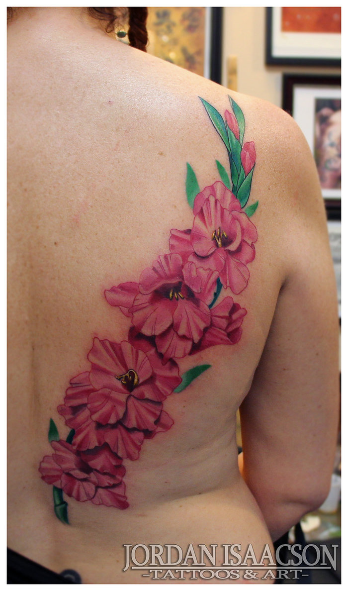 Impressive Pink Gladiolus Flowers Design Tattoo On Back