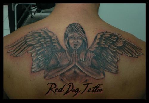 Impressive Praying Angel Tattoo On Upper Back