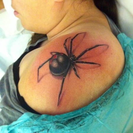 Impressive Realistic Black Widow Tattoo On Shoulder