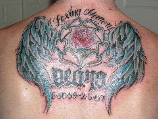 In Loving Memory Remembrance Wings Tattoo On Upper Back