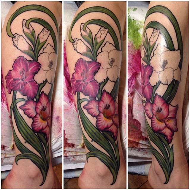 In Progress Gladiolus Flowers Tattoo On Leg