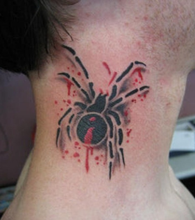 Injured Black Widow Spider Tattoo On Side Neck For Girls