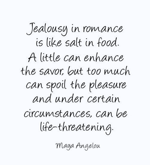 Jealousy in romance is like salt in food. A little can enhance the savor, but too much can spoil the pleasure and, under certain circumstances, can be life-threatening.