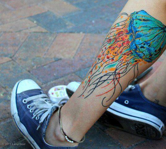 Jelly Fish Tattoo On Left Leg