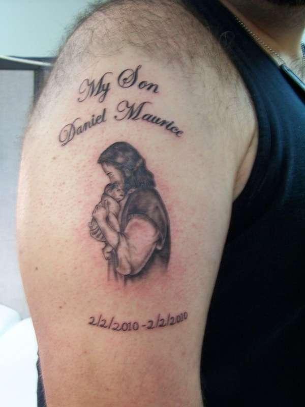 Jesus Christ Remembrance Tattoo For Baby On Right Half Sleeve