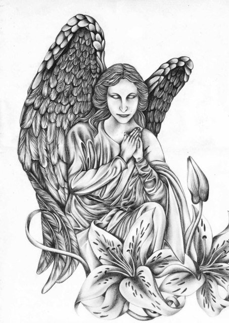 Kneeling Praying Angel Tattoo Design.