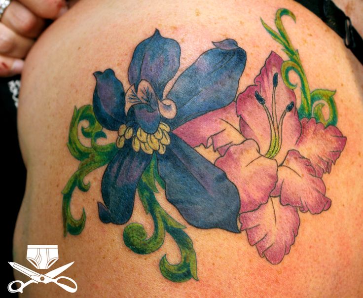 Larkspur And Gladiolus Flowers Tattoo On Shoulder