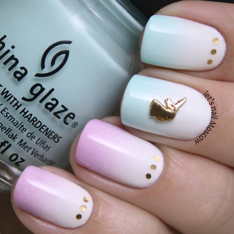 Light Pink And Green With White Gradient Nail Art With Studs Design
