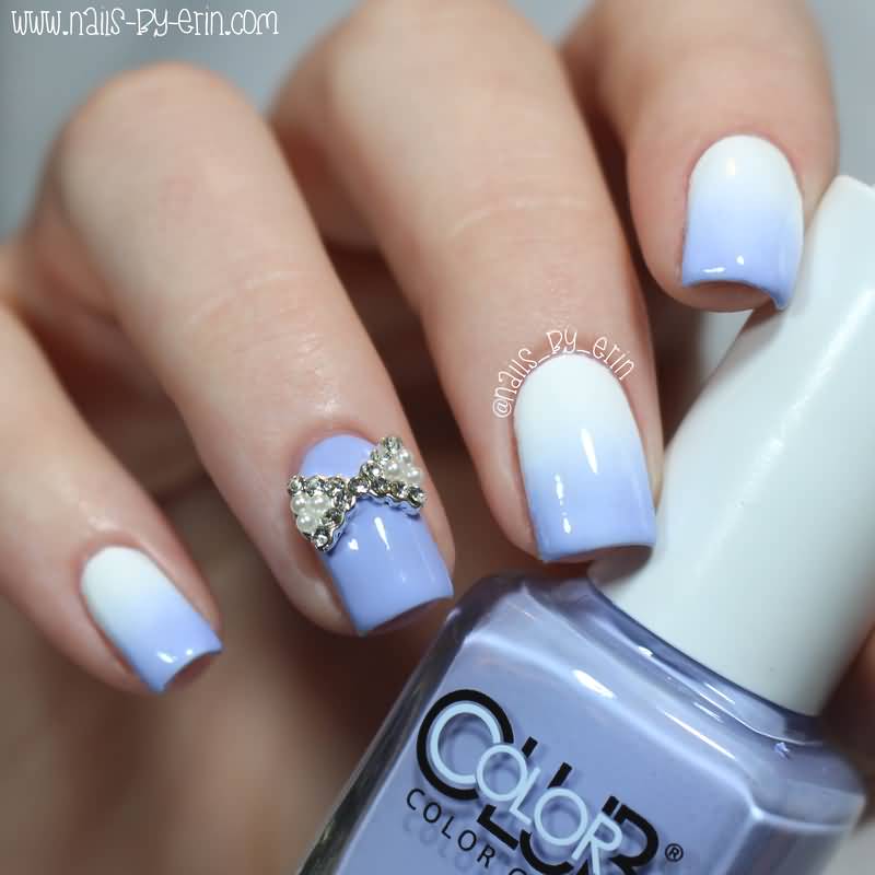 Light Purple And White Gradient Nail Art With Accent Metallic 3D Bow Design