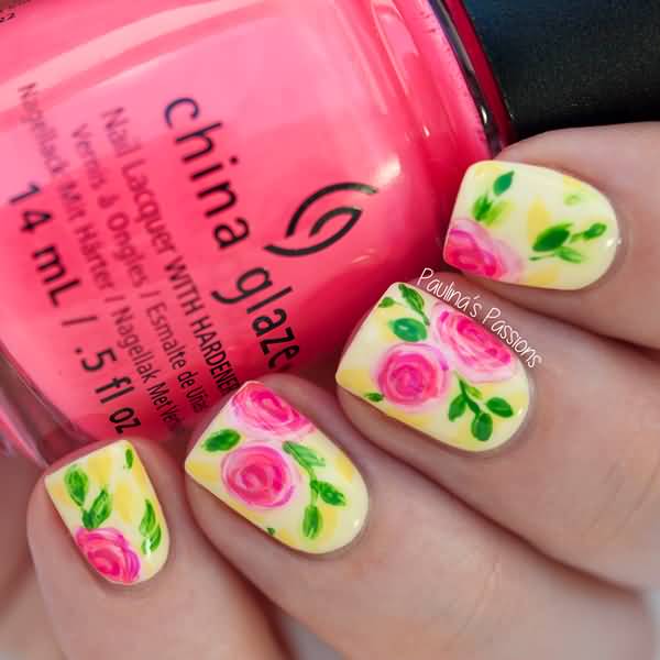 Light Yellow Nails With Pink Rose Flowers Nail Art