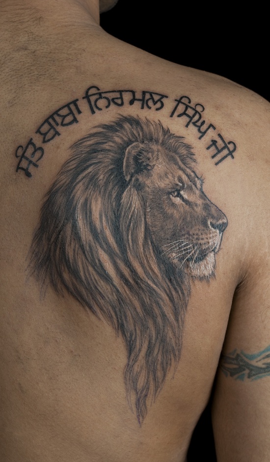Lion Sant Baba Nirmal Singh Ji Punjabi Tattoo On Right Back Shoulder