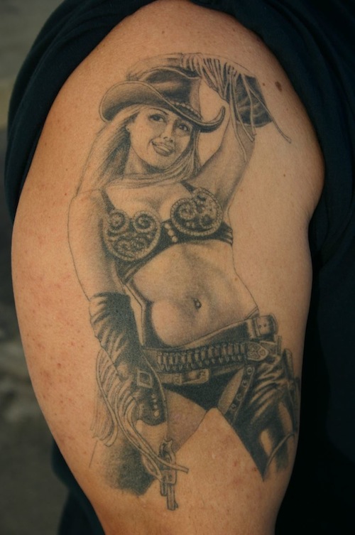 Lovely Cow Girl Pin Up Tattoo On Right Half Sleeve
